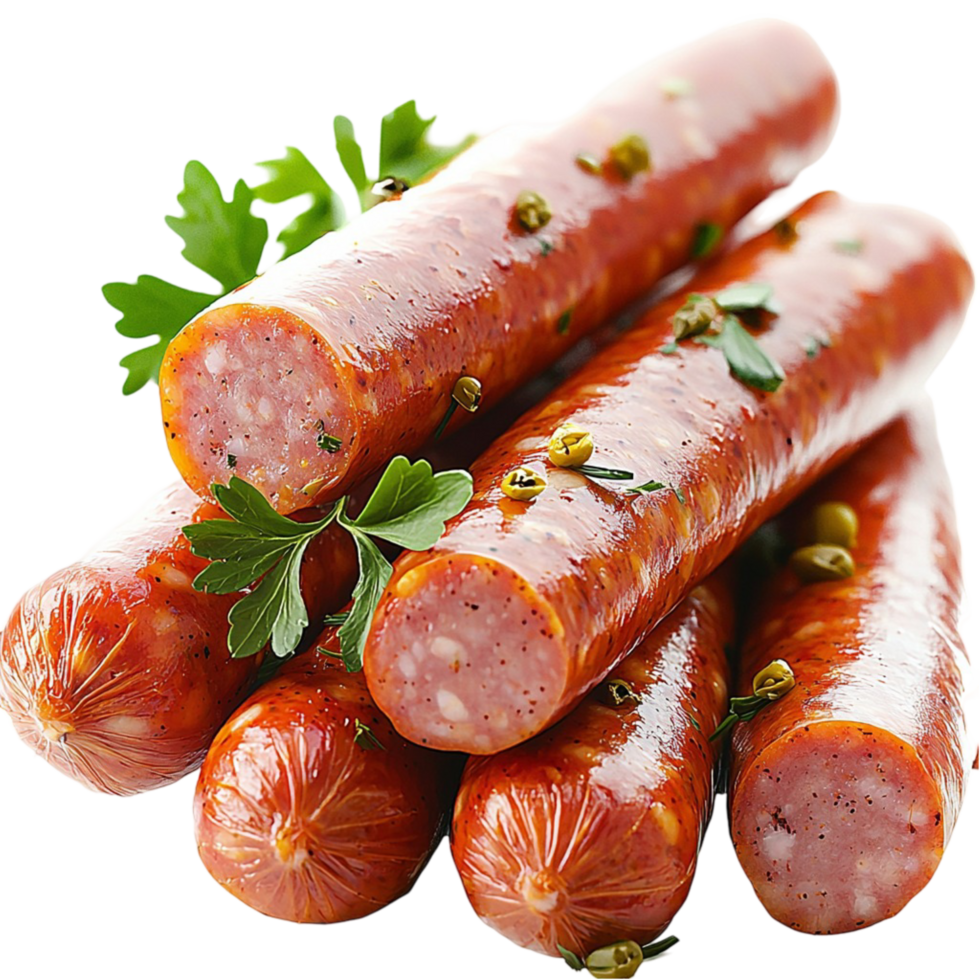 smoked sausages herbs spices garnished green parsley leaves png