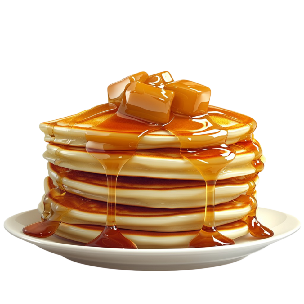 Stack of fluffy pancakes drizzled thick caramel sauce topped butter png