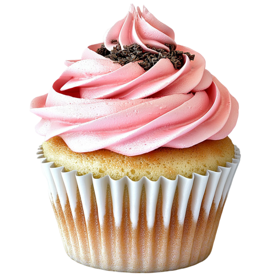 vanilla cupcake pink frosting a chocolate topping in a paper liner png