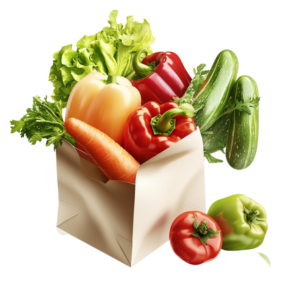 organic vegetables including bell peppers cucumbers tomatoes in a paper bag png