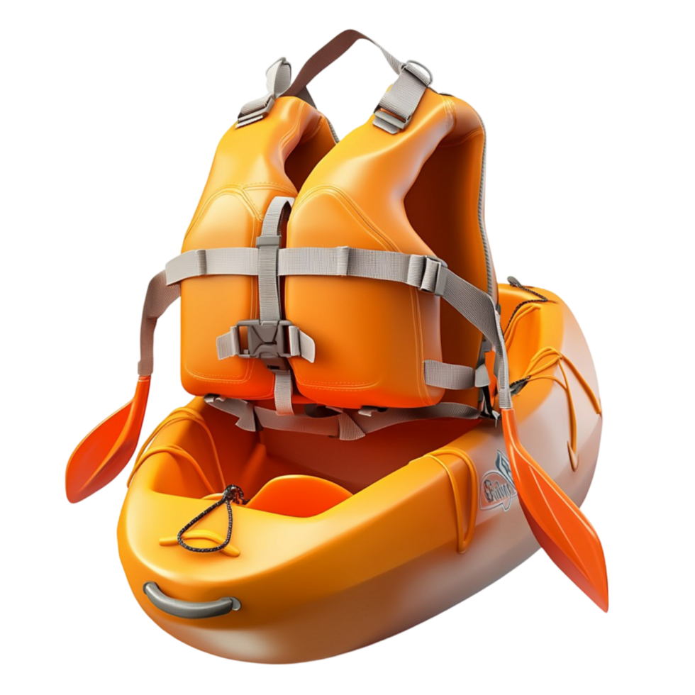 orange inflatable kayak a secure life jacket paddles attached png