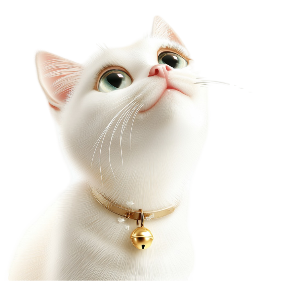 Cute white cat blue eyes a golden bell collar looking up playfully png