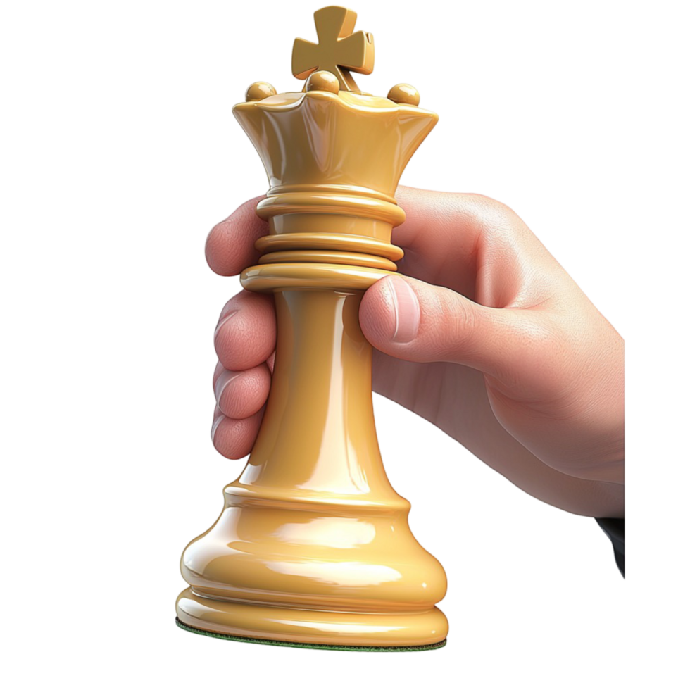 H holding a golden chess king piece in a strategic move png