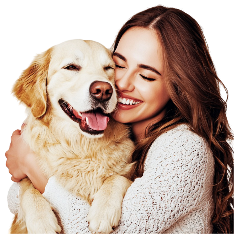 Happy woman hugging a golden retriever a joyful expression png