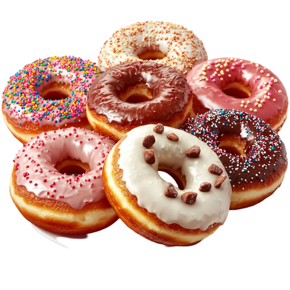 Assorted glazed donuts colorful sprinkles chocolate toppings arranged in a pile png