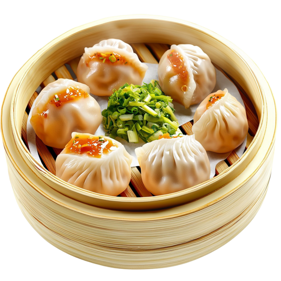 Traditional bamboo steamer filled ly steamed dumplings garnished herbs png