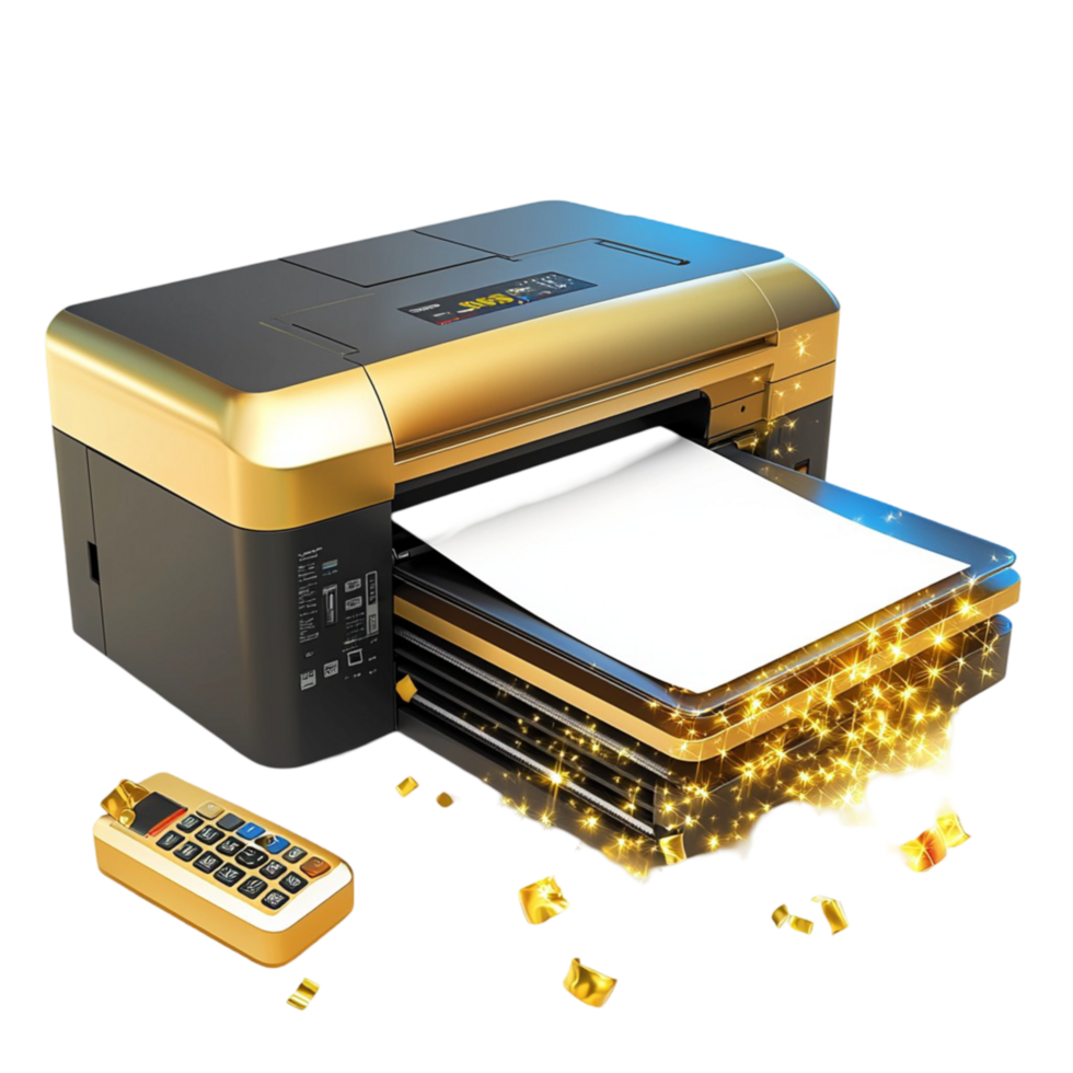 gold black printer glowing golden particles emerging from the paper tray png