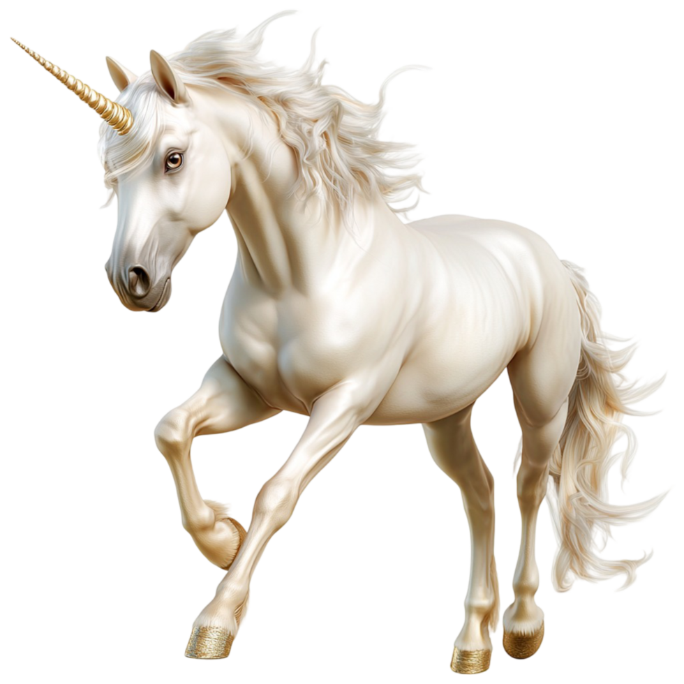 Mystical white unicorn a spiraled golden horn a flowing silky mane png
