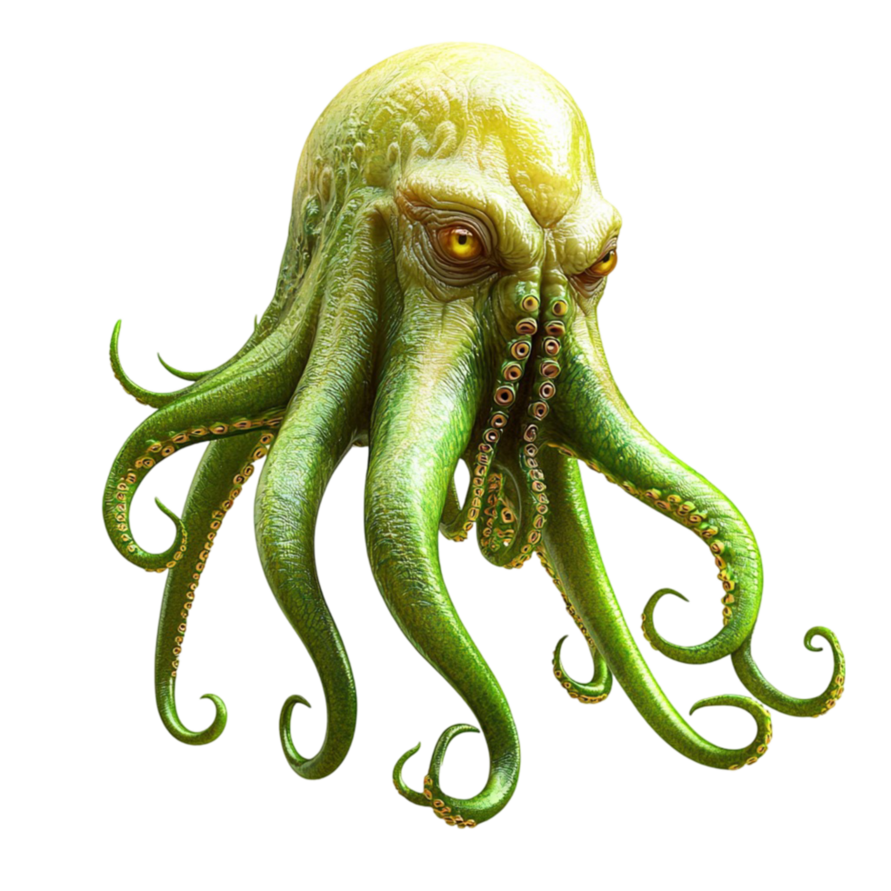 Mysterious green octopus long twisting tentacles glowing yellow eyes png