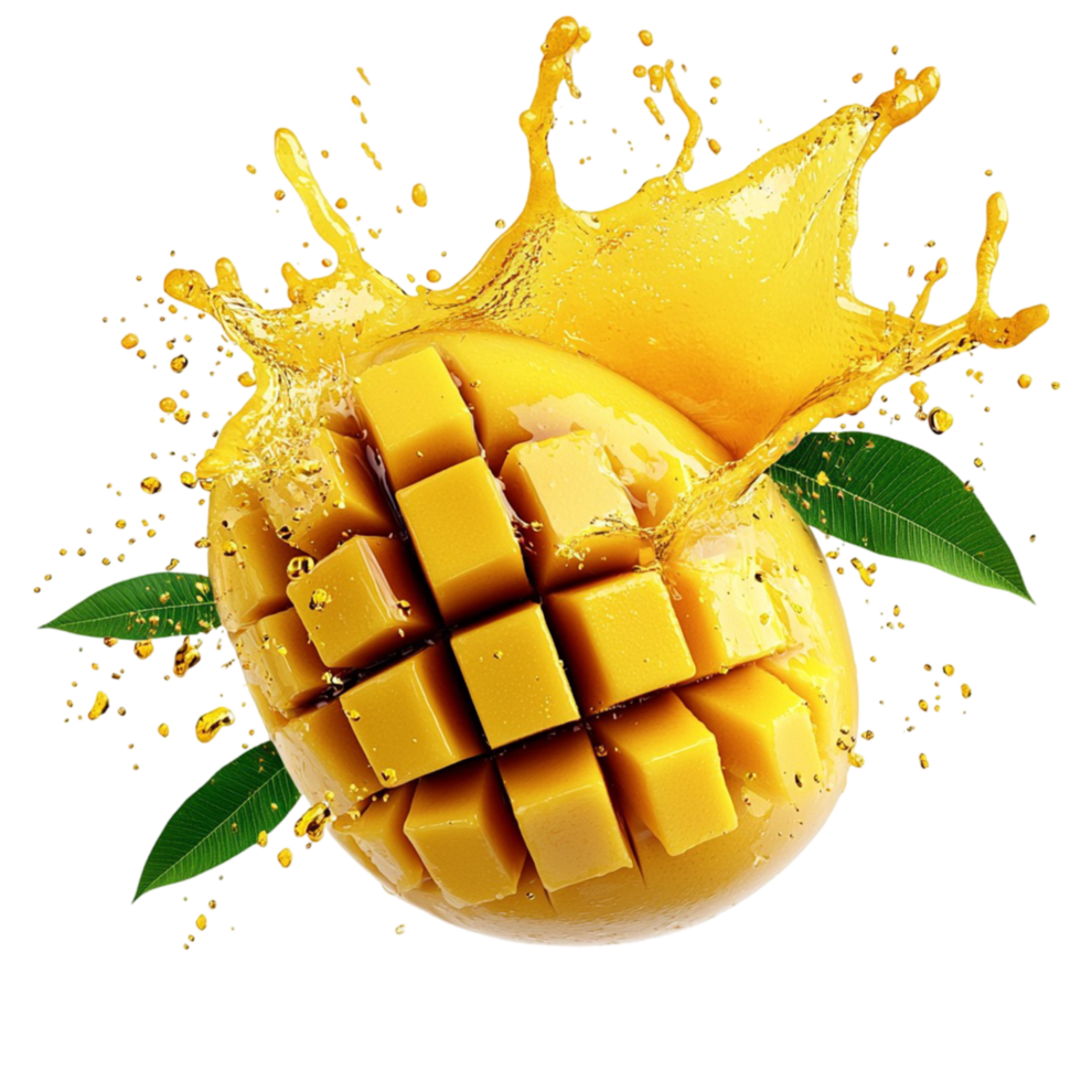 Juicy ripe mango cut into cubes a splash of yellow juice png