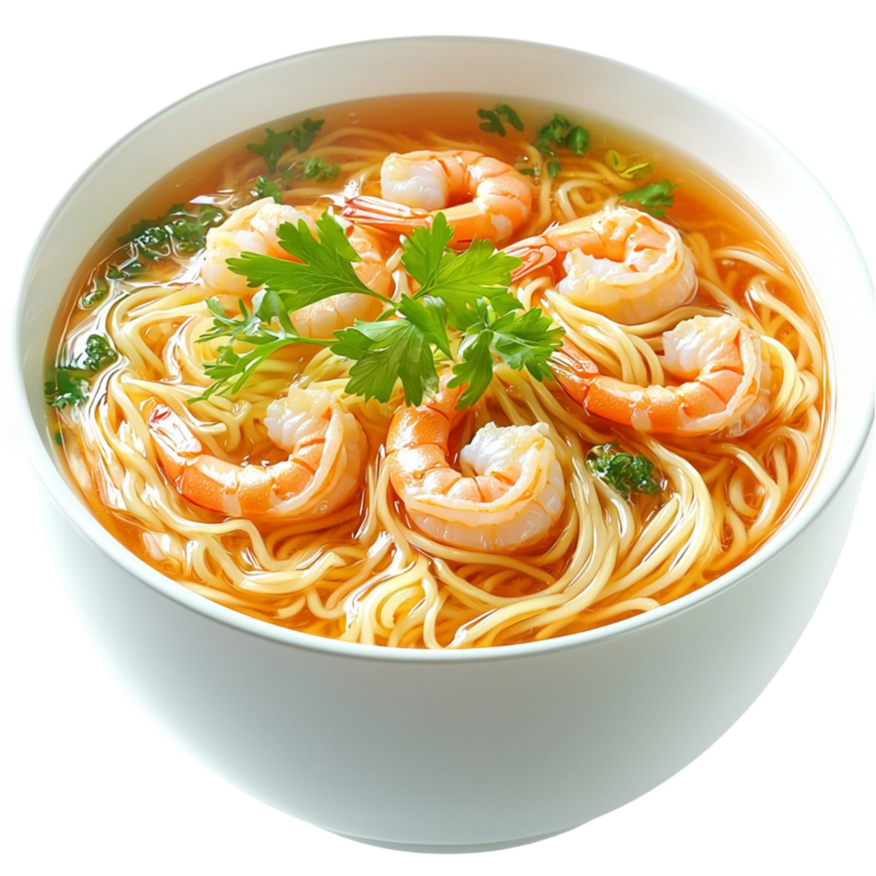 Steaming bowl of shrimp ramen noodles herbs a flavorful broth png