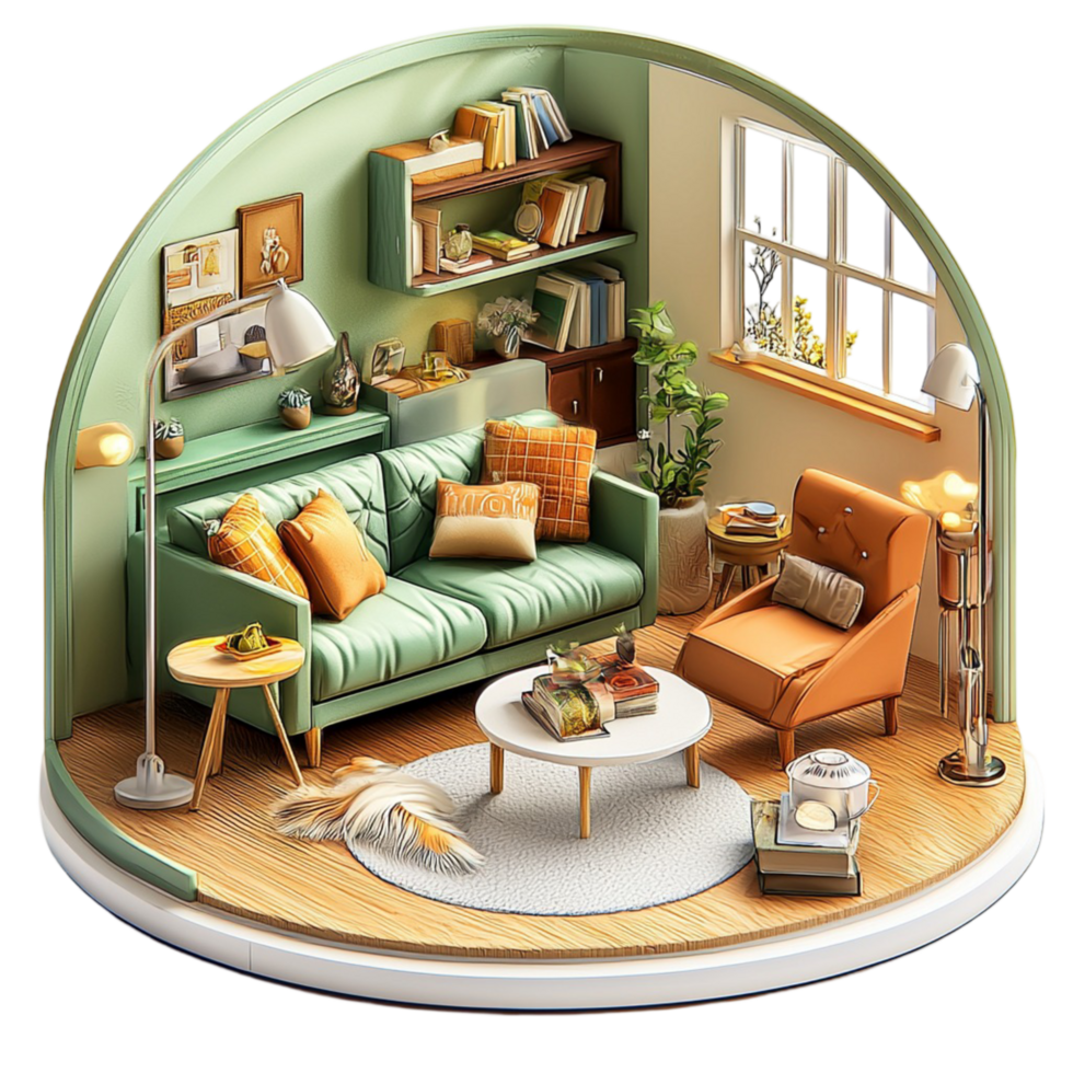 Cozy miniature living room furniture decor inside a circular house png
