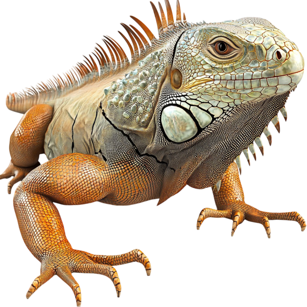 Large iguana rough scaly skin sharp spines sitting an alert expression png