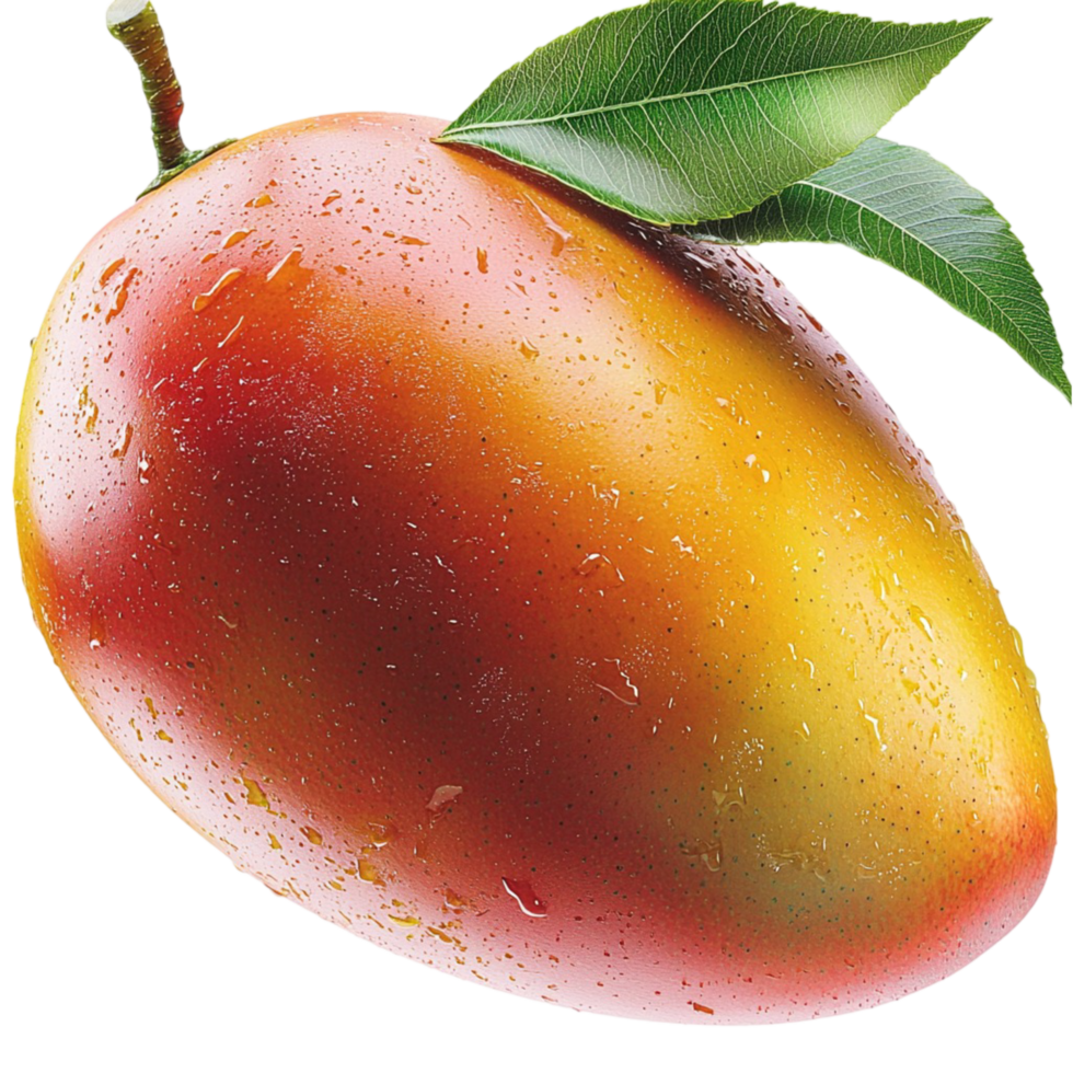 Ripe golden mango a skin green leaves attached to the stem png