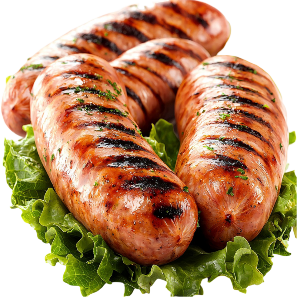 Grilled sausages rk grill marks served on a bed of green lettuce png