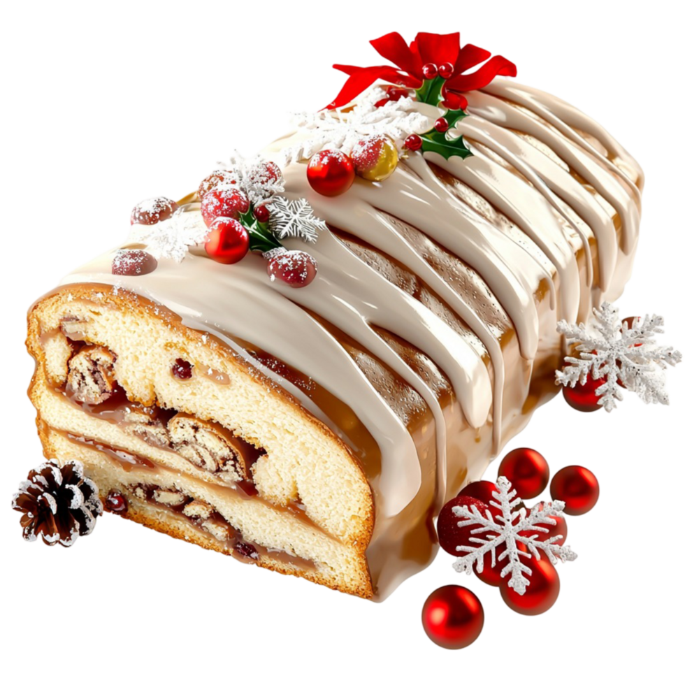 Festive cake roll white icing red berries png