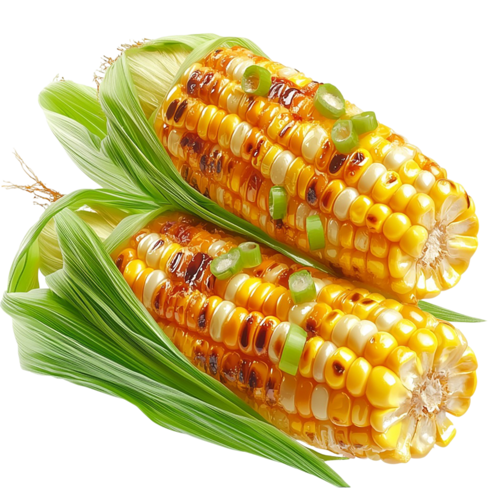 Roasted corn on the cob golden kernels green husks png