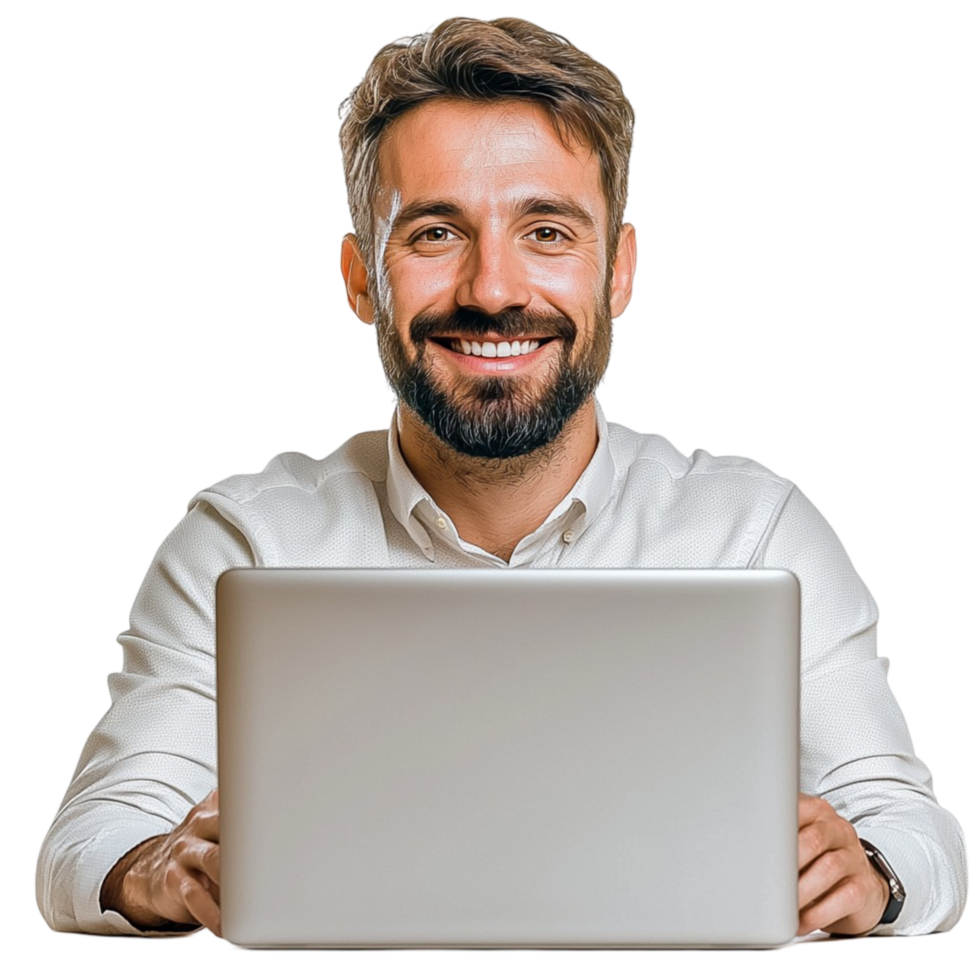 Smiling man using a laptop on a white png