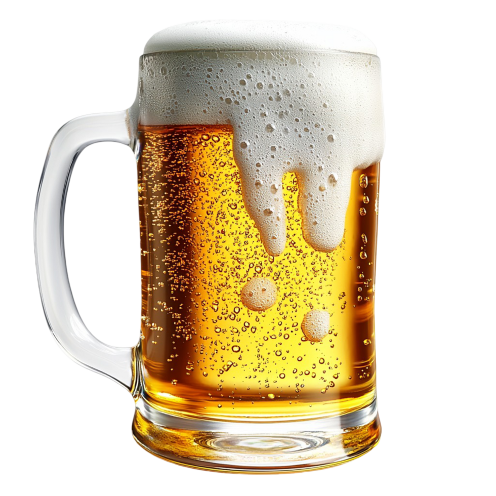 Glass mug filled cold beer frothy foam on top png