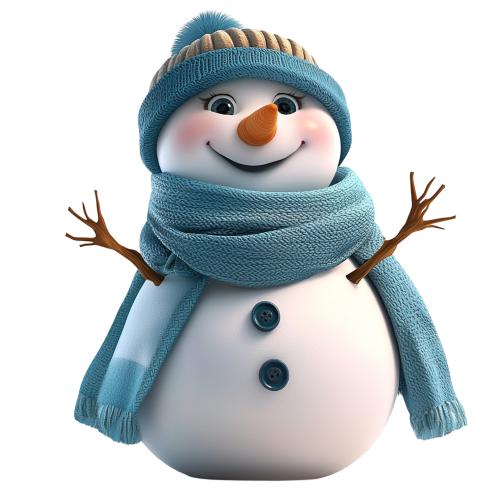 Cute snowman wearing a blue scarf hat a cheerful smile png