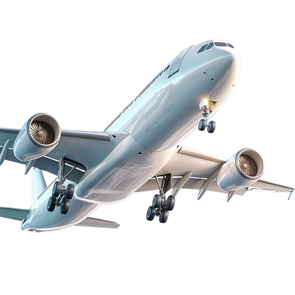 Large commercial airplane flying in the sky ling gear extended png