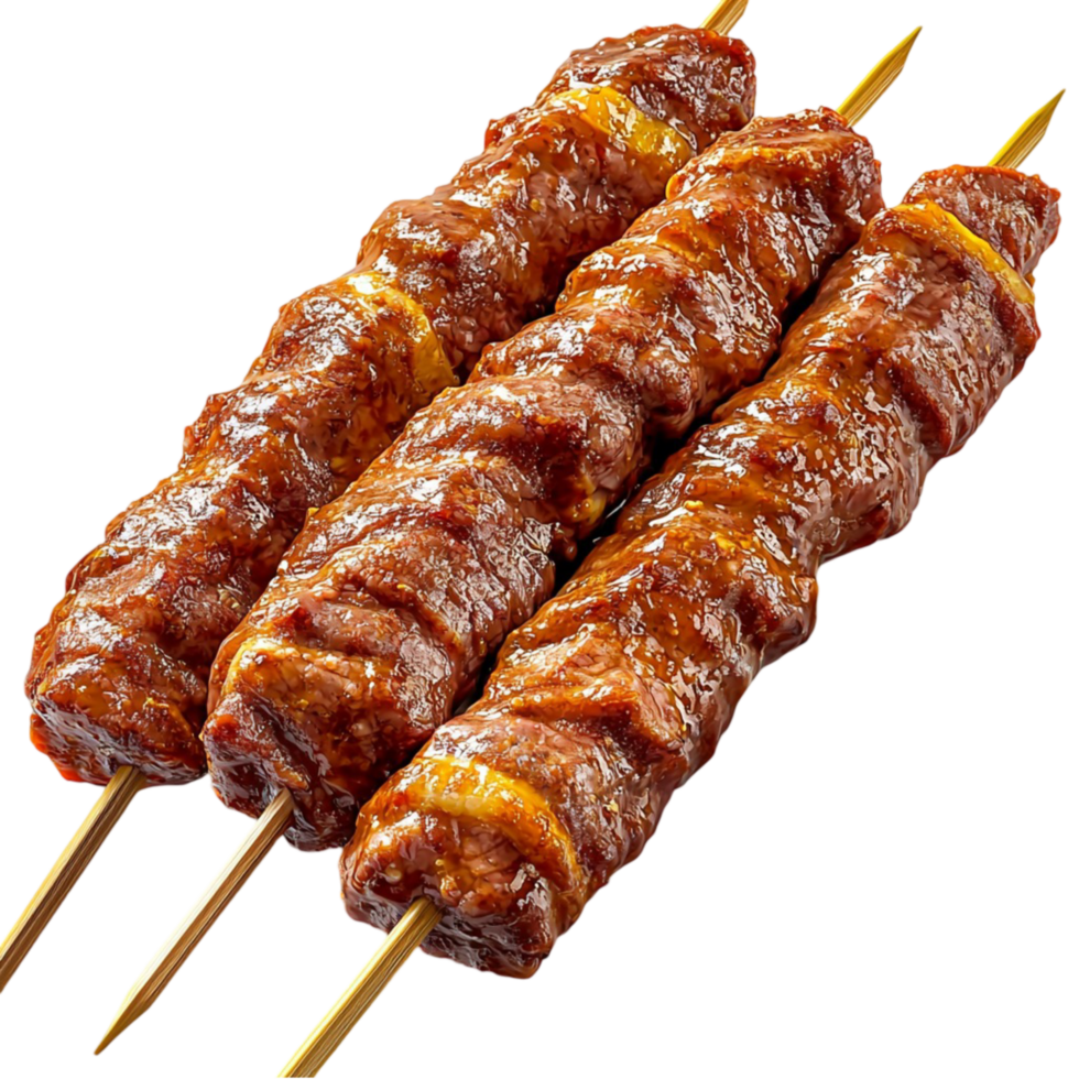 Three skewers of grilled meat a smoky texture png