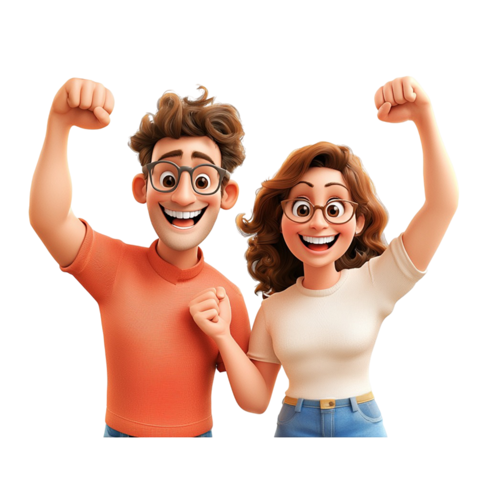 Cheerful animated couple raising their fists excitement png