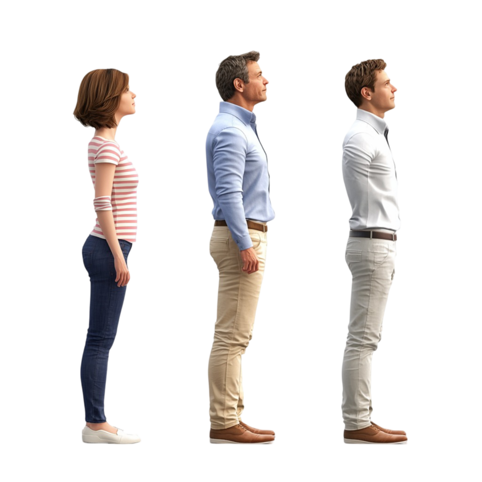 Three people sting in a row different postures expressions png