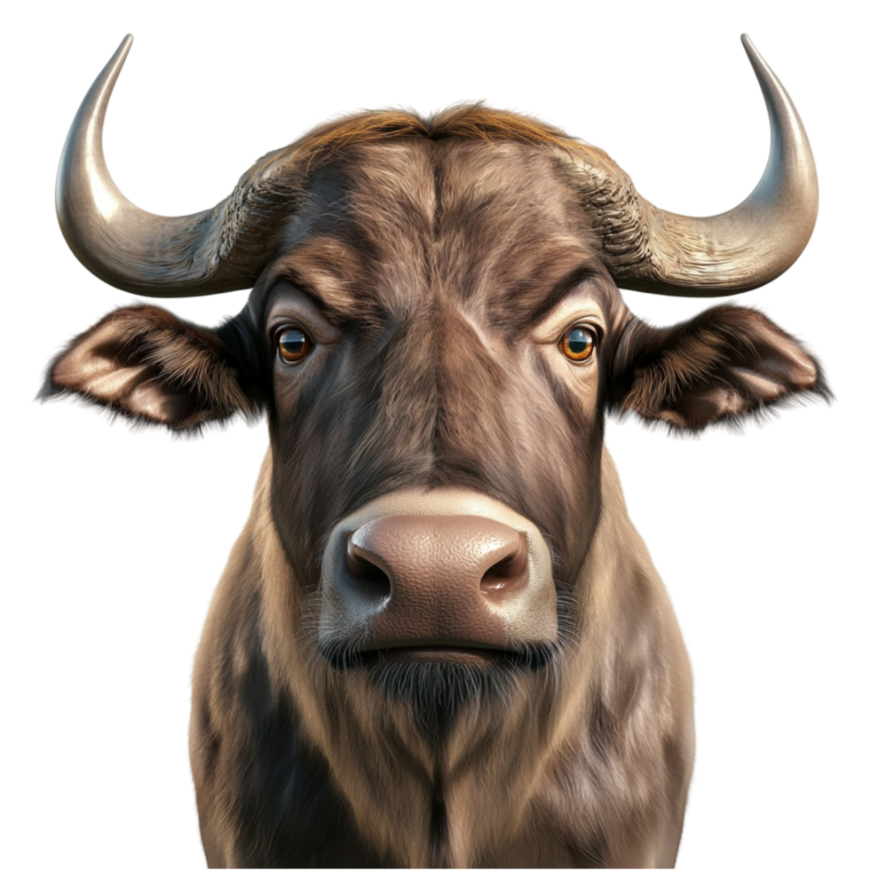 Strong majestic bull large curved horns deep gaze png