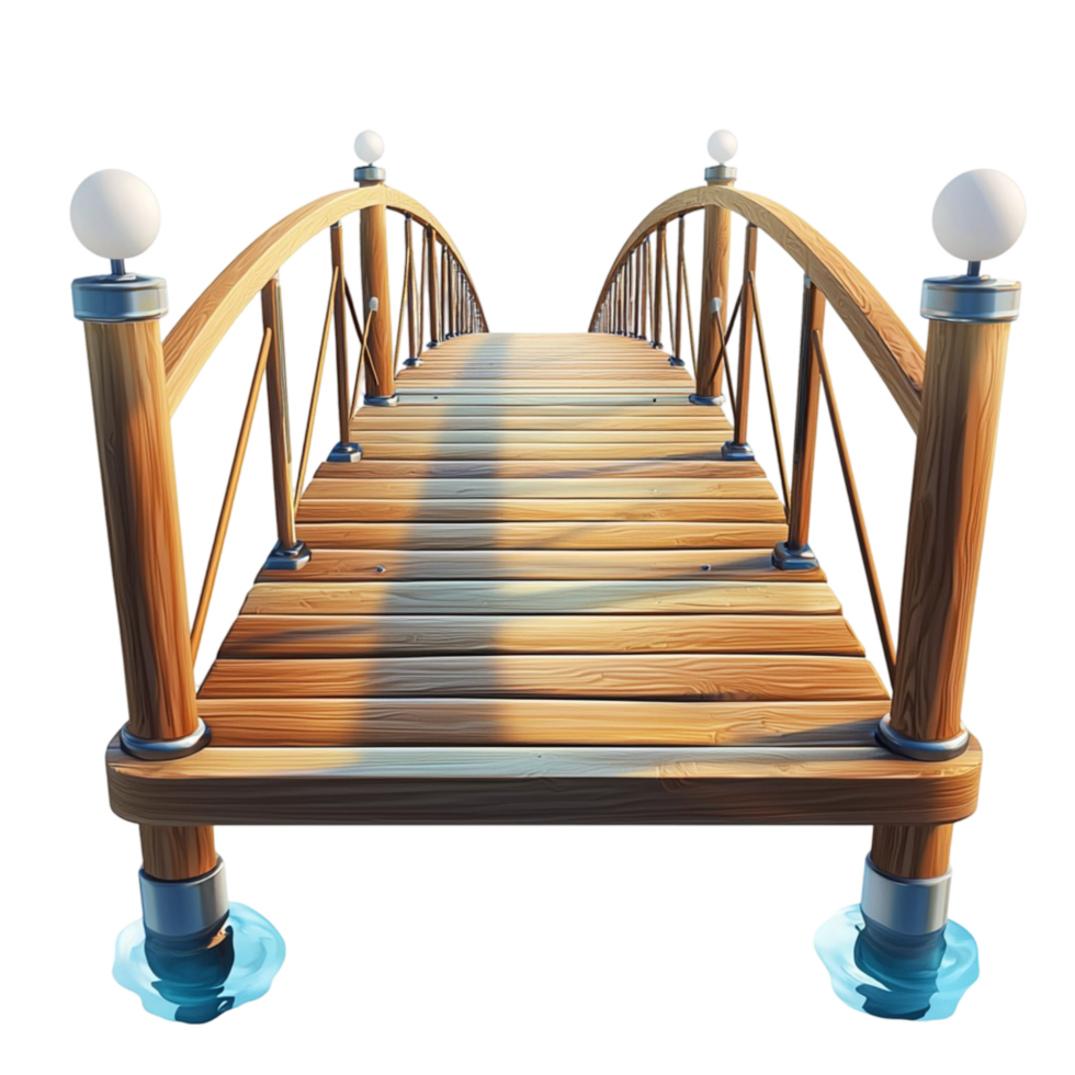 wooden bridge curved railings spanning over a calm surface png