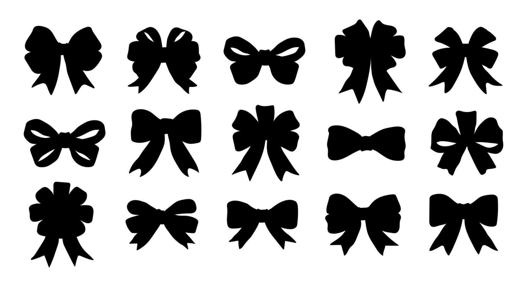 A set of black bows with a white background. The bows are all different sizes and shapes. Scene is elegant and sophisticated vector