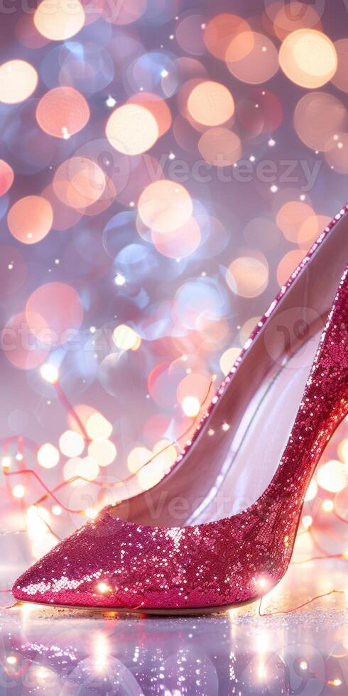 Sparkling red high heel shoe with bokeh light background for festive fashion photo
