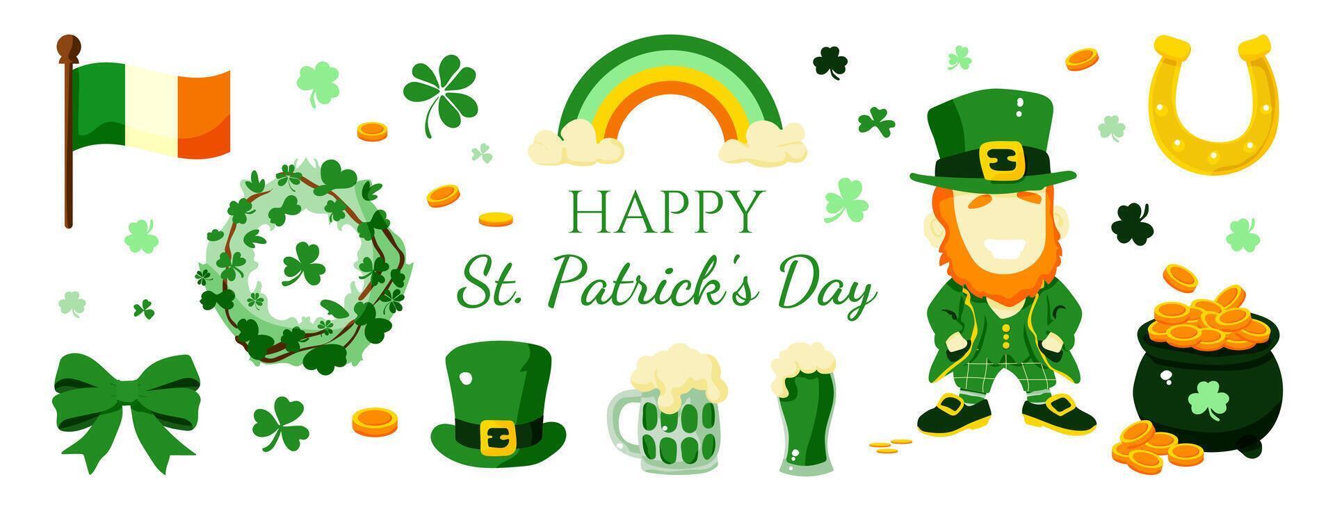 A colorful poster with a smiling man wearing a green hat and a green beard. The poster is titled Happy St. Patrick's Day and features a rainbow, a shamrock, a flag, and a pot of gold vector