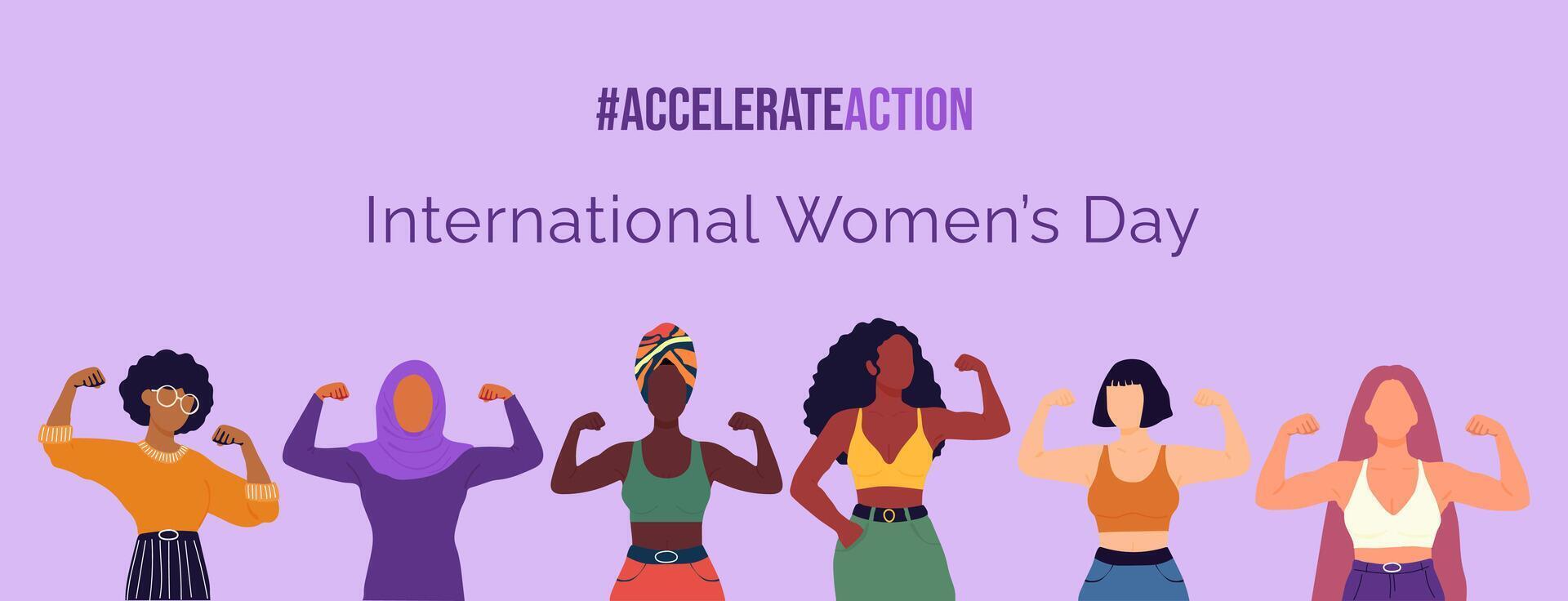 A poster for International Women's Day featuring six women with their arms raised. The poster is titled Accelerate Action and is purple in color vector