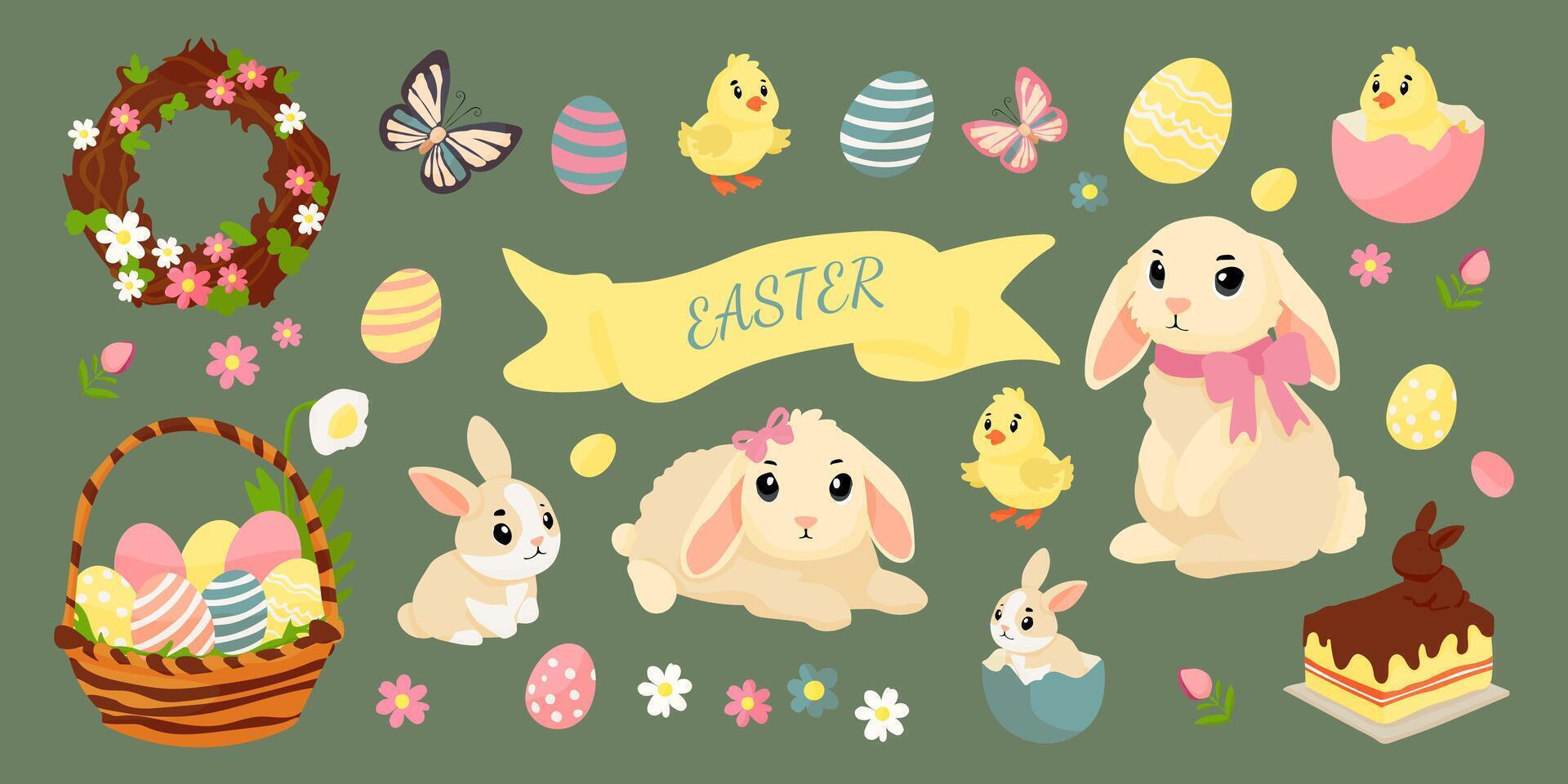 Easter is the theme of this image, featuring various Easter-related items such as eggs, rabbits, and a cake vector