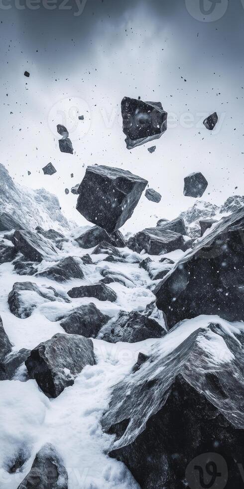 Dramatic Floating Rocks and Snow in Surreal Mountain Landscape photo