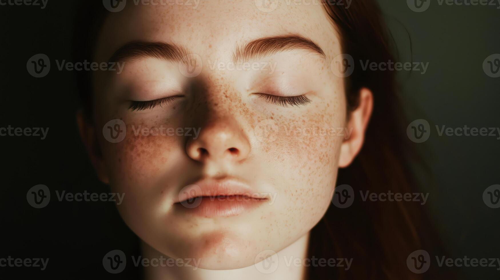 Peaceful Contemplation Portrait of a Freckled Woman with Closed Eyes in Soft Light photo