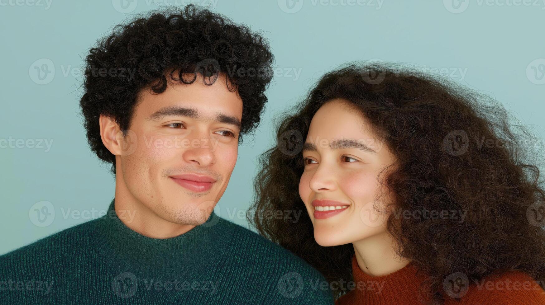 Smiling Couple with Curly Hair in Cozy Sweaters Against Soft Background photo