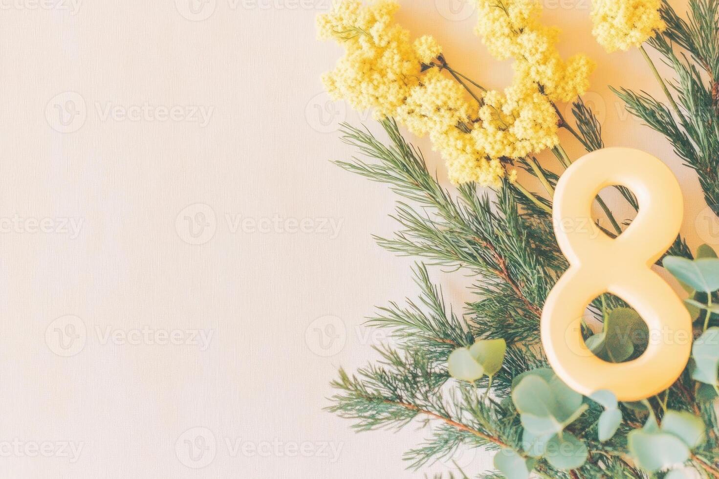 Elegant Floral Composition with Yellow Flowers and Number Eight Symbol on Soft Background photo