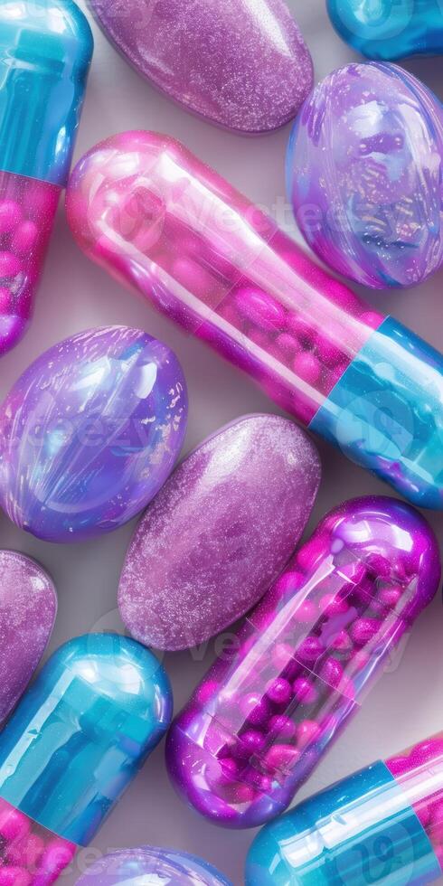 Colorful capsules and tablets with dynamic patterns for healthcare and medicine concepts photo
