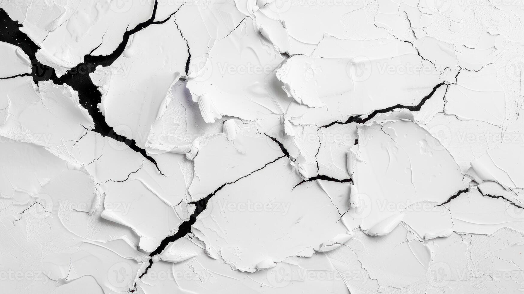 Cracked white paint surface showing texture and depth with exposed black layer photo