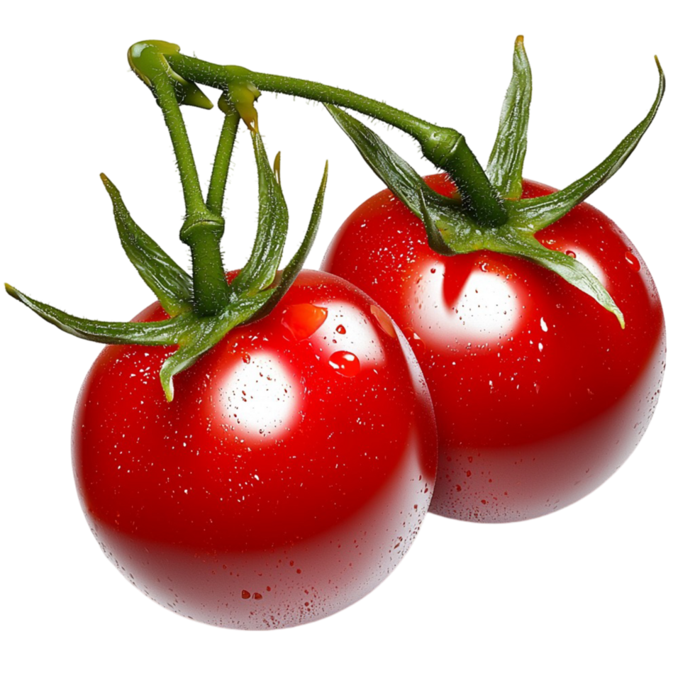red cherry tomatoes green stems covered in tiny water droplets png