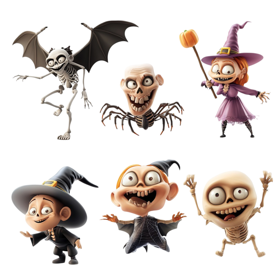 Spooky cartoon Halloween characters including witches skeletons bats png