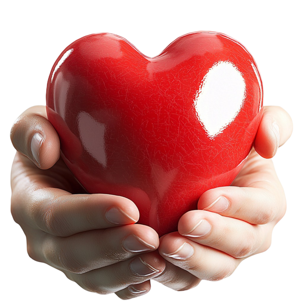 Hs holding a shiny red heart care warmth png