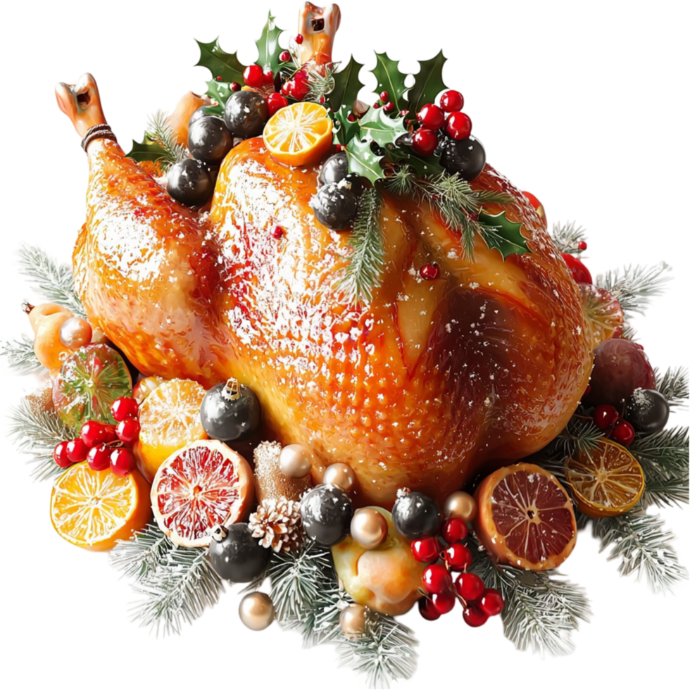 Roasted turkey decorated festive fruits herbs png