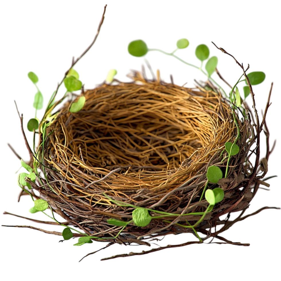 Empty bird nest made of twigs small green leaves png