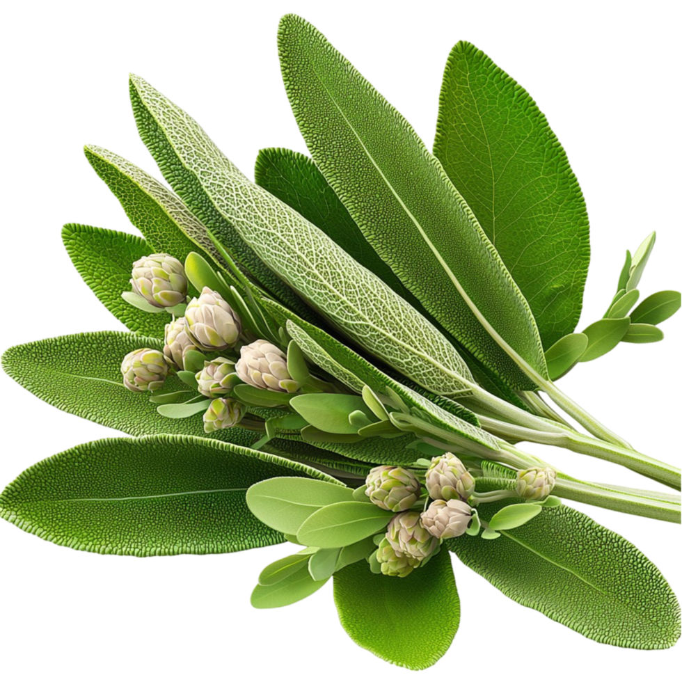green sage leaves tiny white flowers on a light blue png