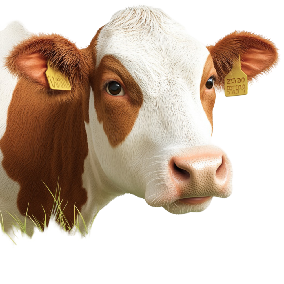 Gentle brown white cow large eyes yellow ear tags png