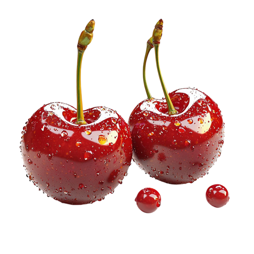 Shiny red cherries covered in tiny water droplets png