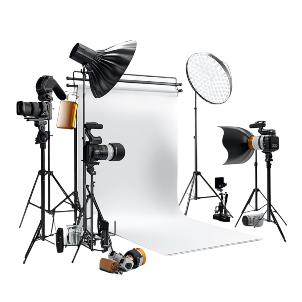 Professional graphy studio setup lights cameras png